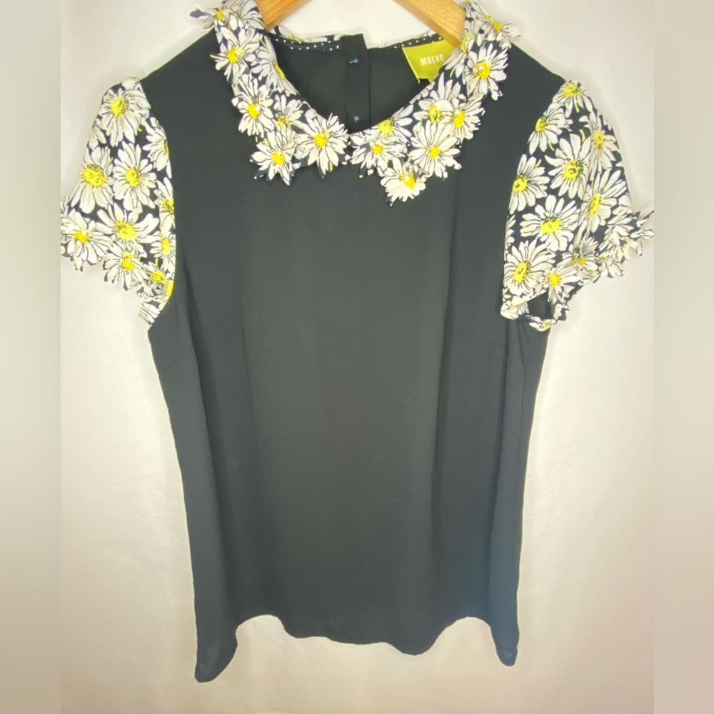 Anthropologie Floral Black Top with Daisy Accents